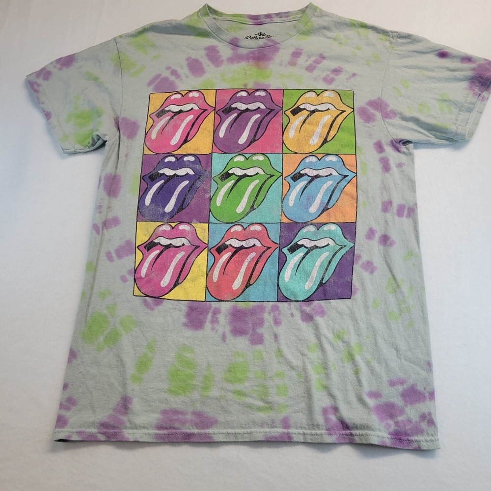 The Rolling Stones Tie Dye Pop Art Tongue Logo Graphic T-Shirt Purple Green S
